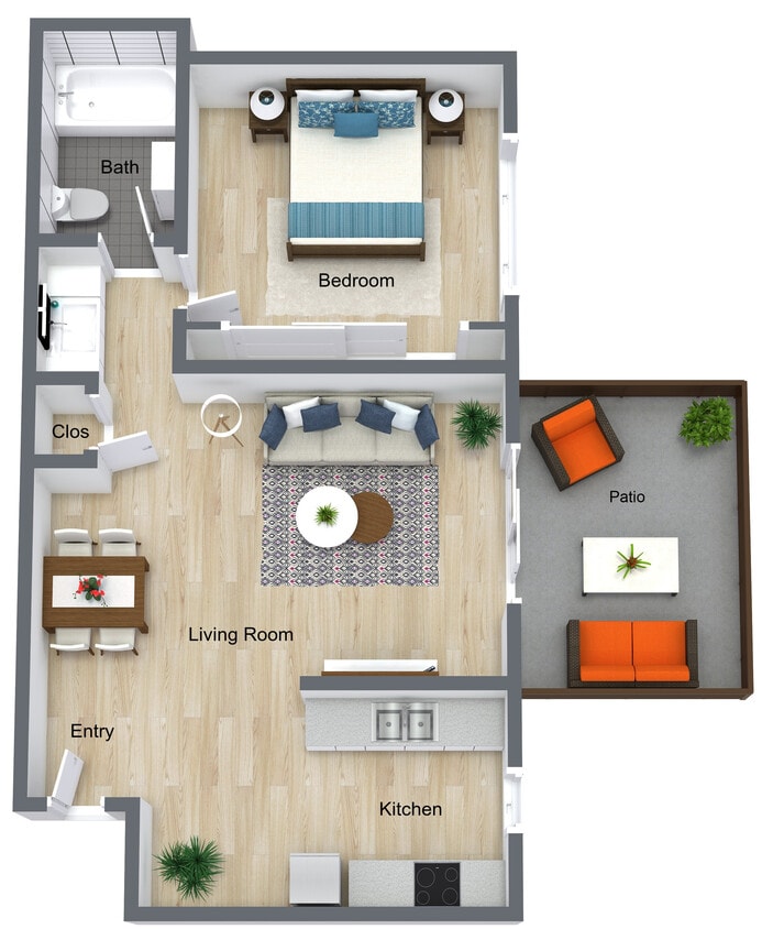 1 Bedroom 1 Bath w/Patio - 1x1 W/Patio