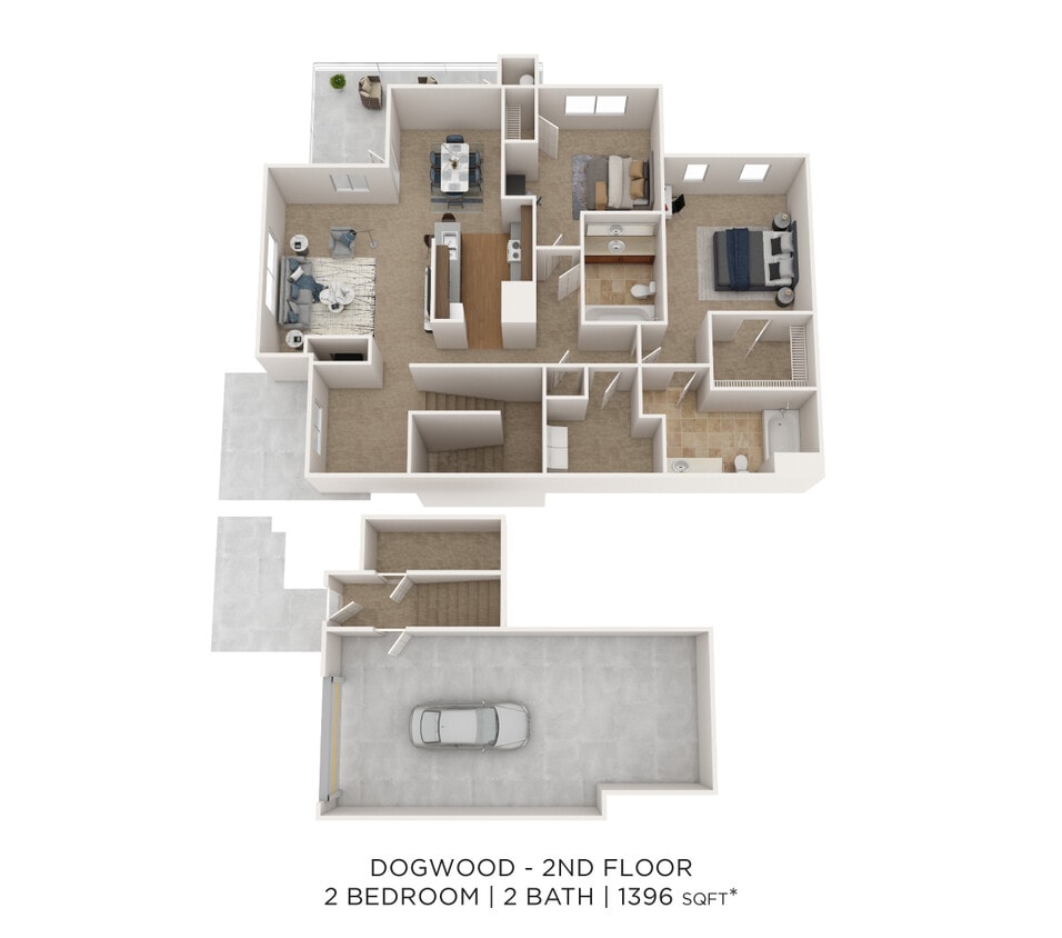 Floor Plan - Two Bedroom 2 Bath w/ Garage - 1,396 sqft