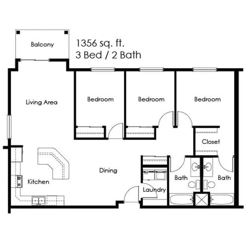 Floor Plan - 3 Bed / 2 Bath 1356 sq ft 2nd/3rd Floor