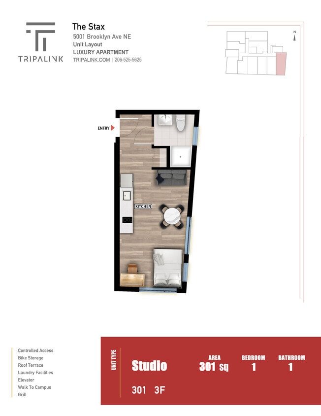 Floor Plan - Studio - 301 sqft