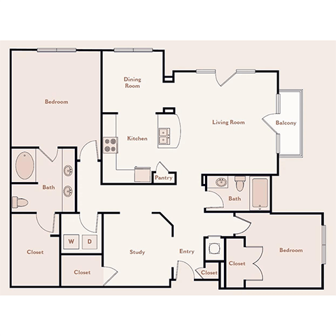 Floor Plan - The Versailles, 2 Bedroom 2 Bath