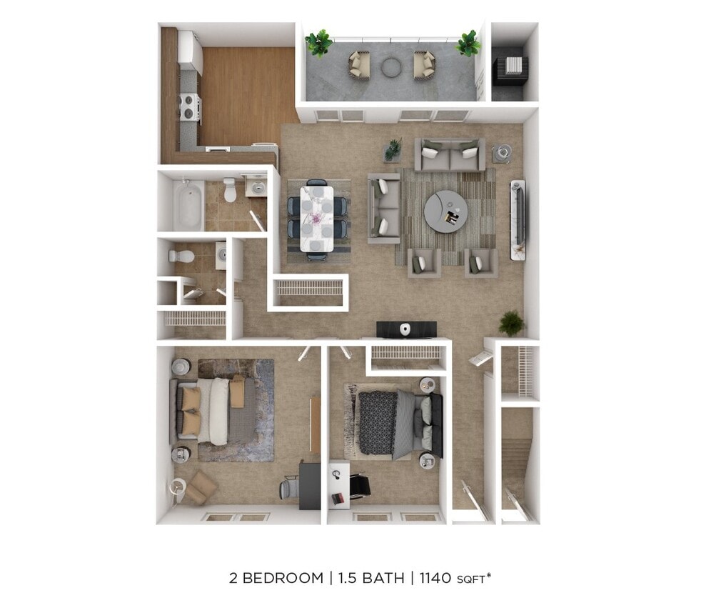 Floor Plan - Two Bedroom 1.5 Bath - 1,140 sqft