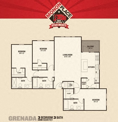 Floor Plan - Monon Place II -  3 Bedrooms
