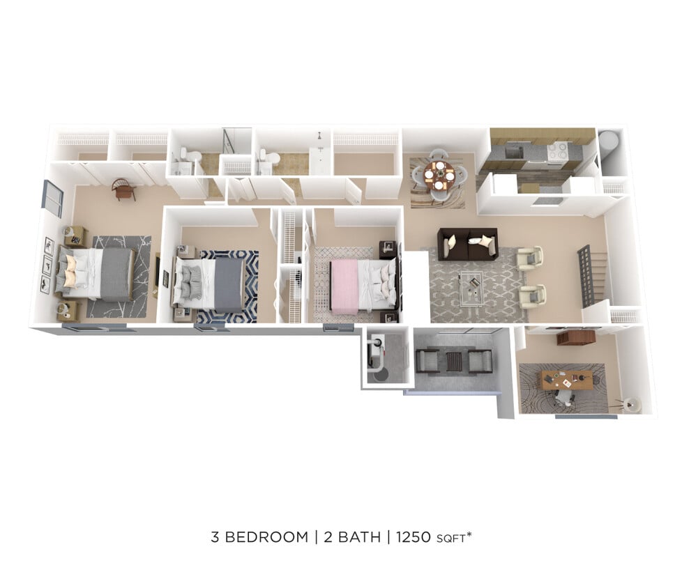 Floor Plan - Three Bedroom 2 Bath w/ Den - 1,250 sqft