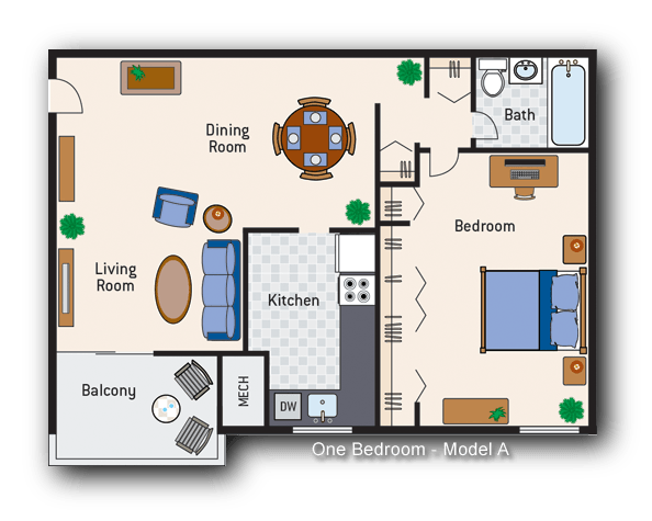 Floor Plan - 1 Bedroom 1 Bath Type A