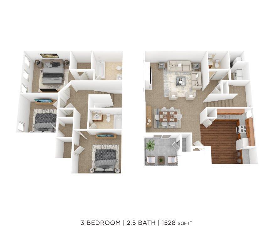Floor Plan - Three Bedroom 2.5 Bath- 1,528 sqft