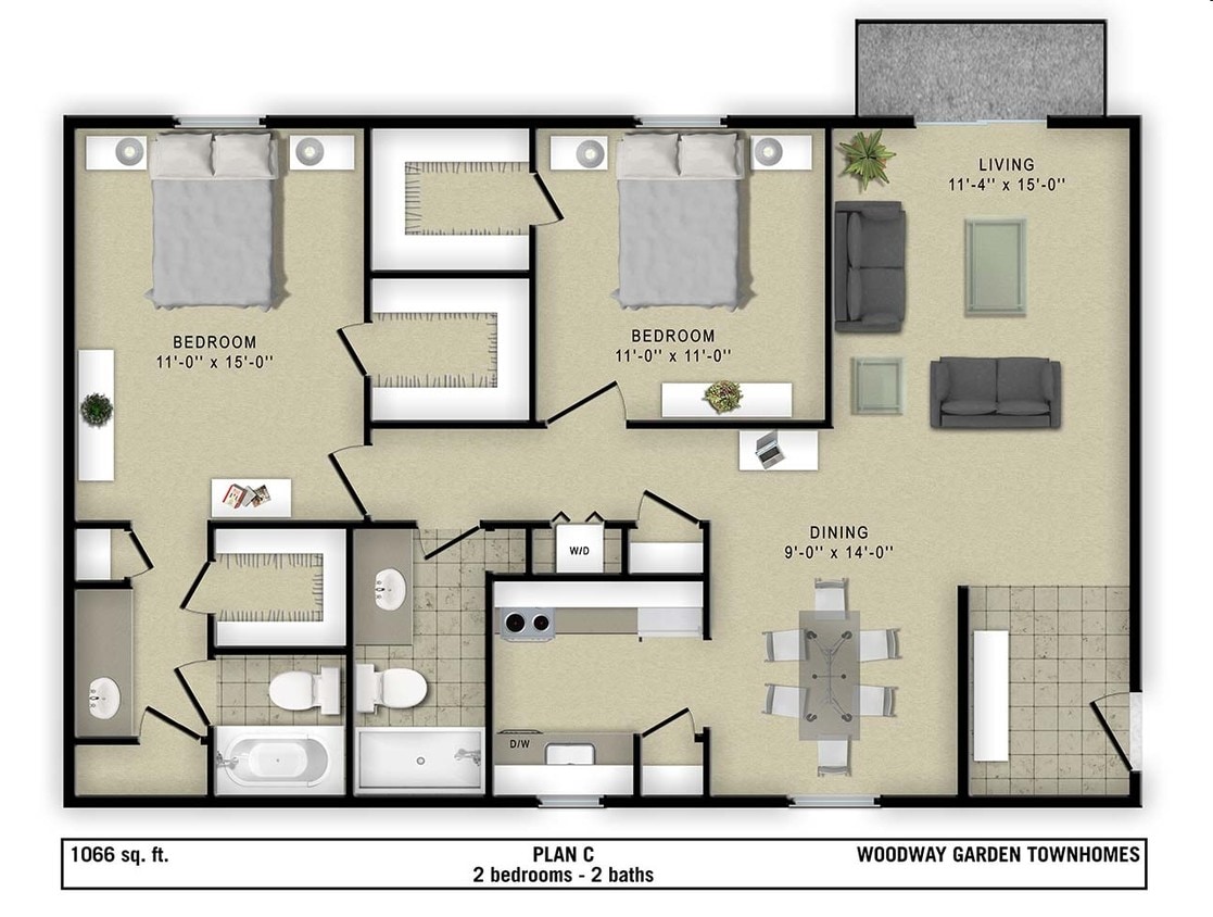 Plan C - 2 Bedroom 2 bath Flat