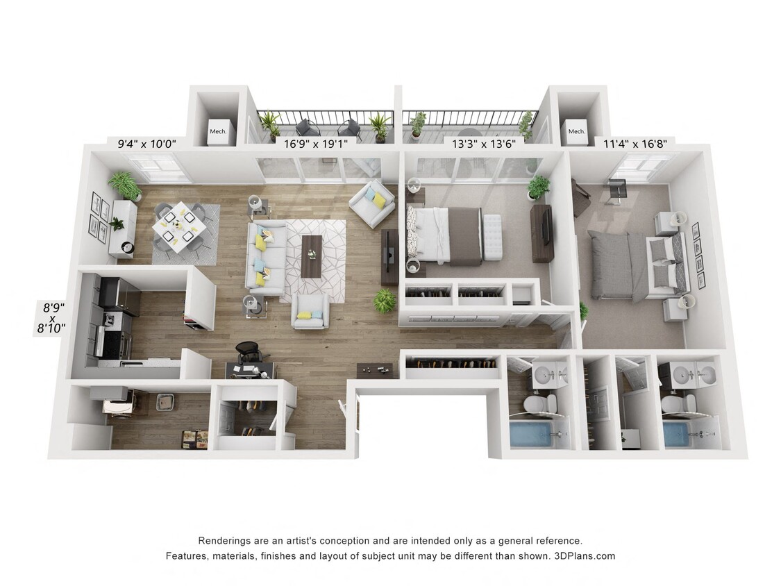Floor Plan - Q - 2BR 2BA (1185sf)