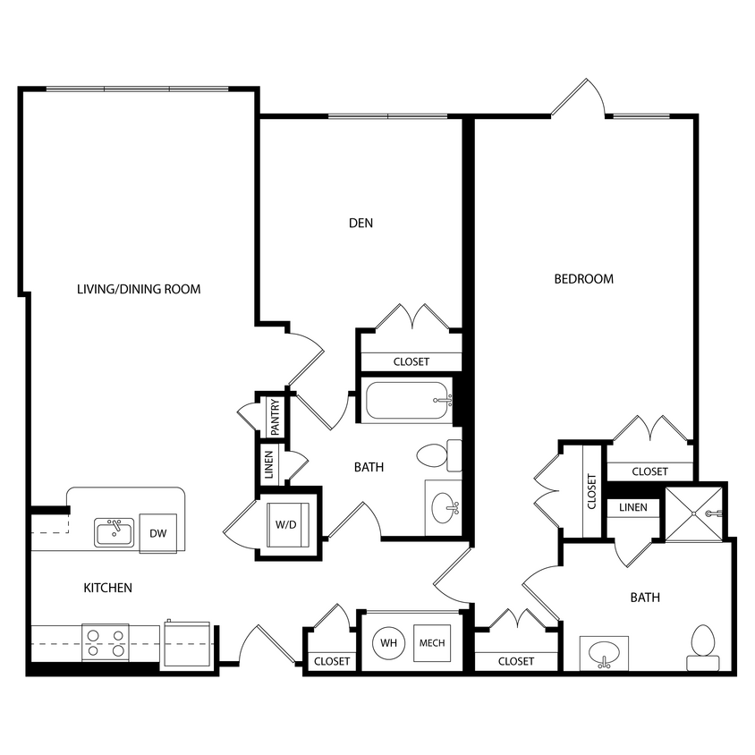 Floor Plan - 1 Bedroom + Den, 2 Bath, 1160 SF | PE8