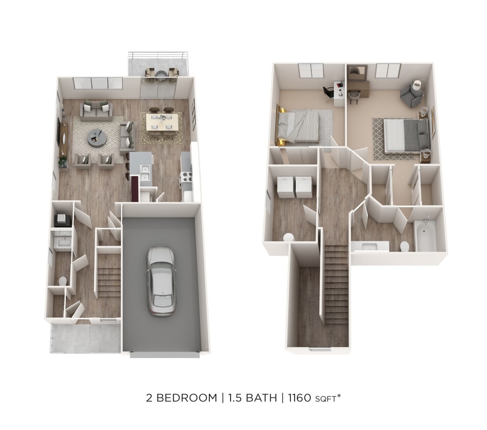 Floor Plan - Two Bedroom 1.5 Bath Townhome- 1,156-1,160 sqft