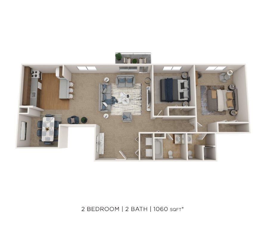 Floor Plan - Two Bedroom 2 Bath - 1,060 sqft