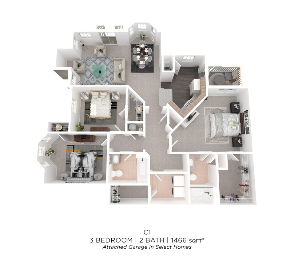 Floor Plan - Three Bedroom 2 Bath - 1,466 sqft