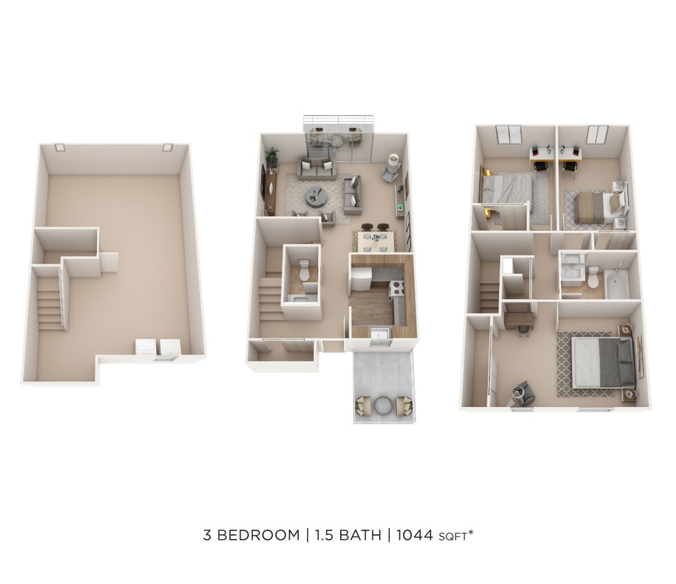 Floor Plan - Three Bedroom 1.5 Bath Townhome