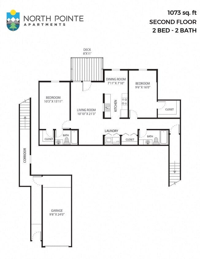 Floor Plan - 2 Bed, 2 Bath - 1,073 sq ft