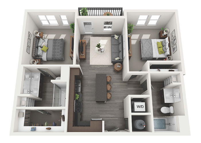 Floor Plan - 2 Bedroom 2 Bath - 964 sq. ft.