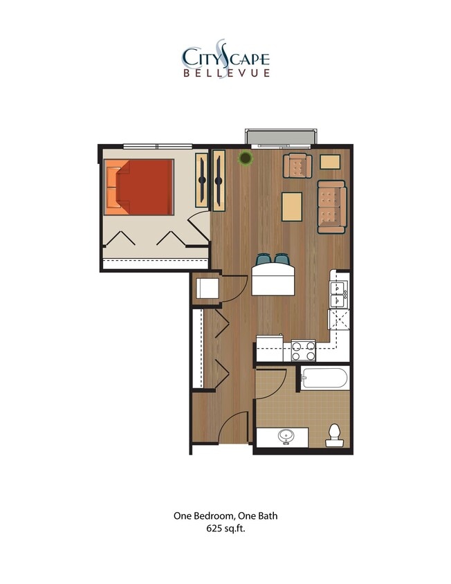 Floor Plan - Midrise - 1 Bedroom, 1 Bath.