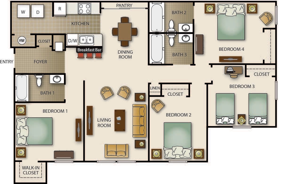 Floor Plan - Four Bedroom Three Bath - Pointe