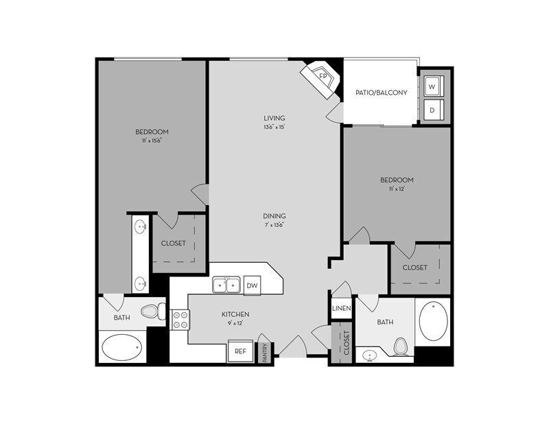 Floor Plan - 2 Bed, 2 Bath B (Garnet Plan - Renovated)