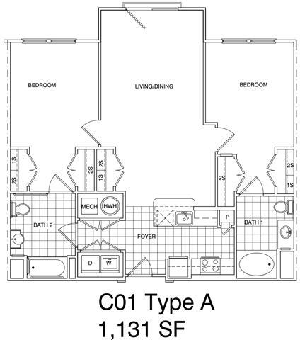 Floor Plan - 2 Bedroom, 2 Bath 1131 SF C1.5