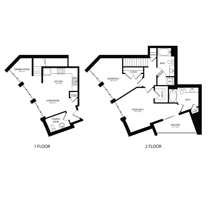 Floor Plan - 2BR/2BA Townhouse 1137 SF TB2A