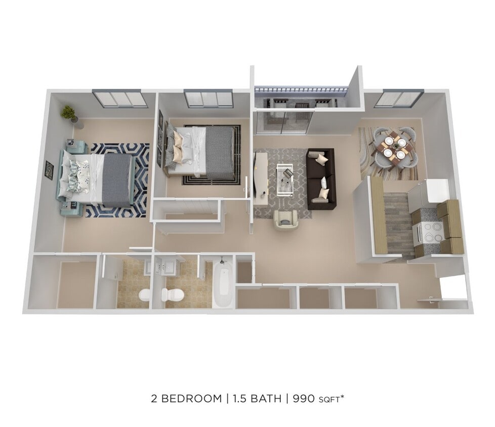 Floor Plan - Two Bedroom 1.5 Bath-990 sqft