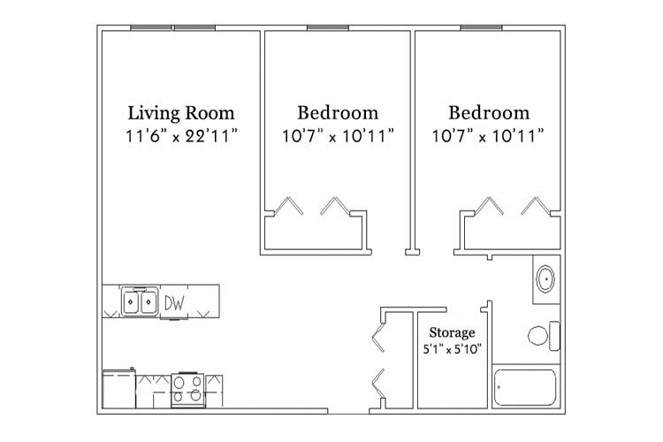 2BR/1BA - 1 Bedroom A