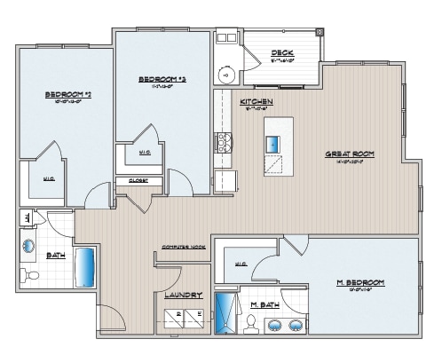 Explore this contemporary apartment layout, combining modern design with practical living spaces. - 3 Bedroom 2 Bathroom Elevator
