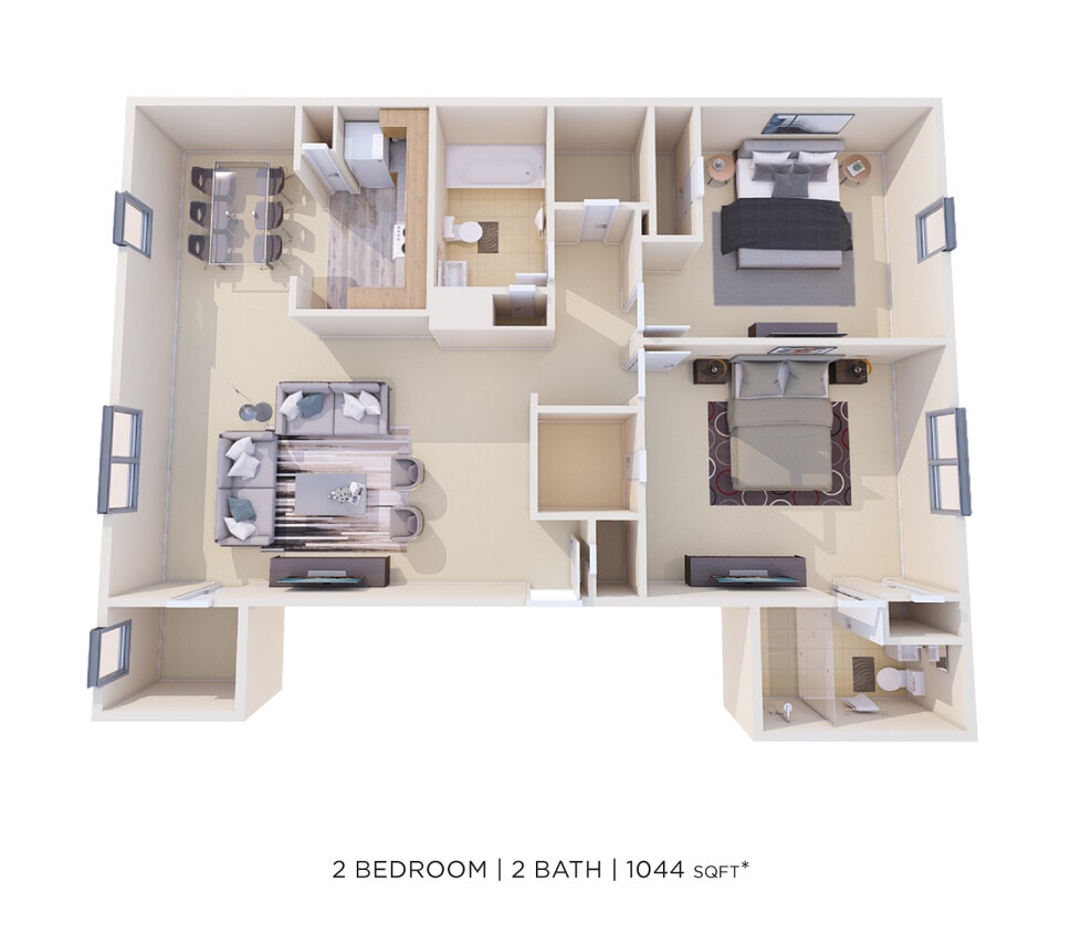 Floor Plan - Two Bedroom 2 Bath - 1,044 sqft