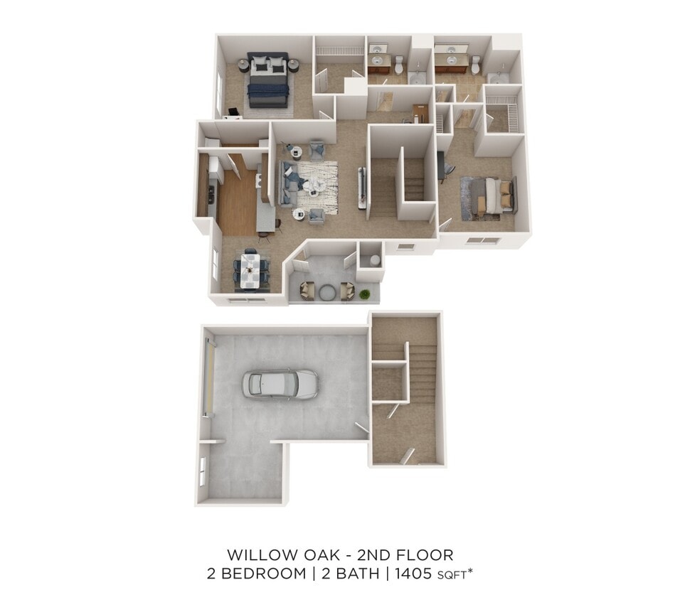 Floor Plan - Two Bedroom 2 Bath w/ Garage - 1,405 sqft