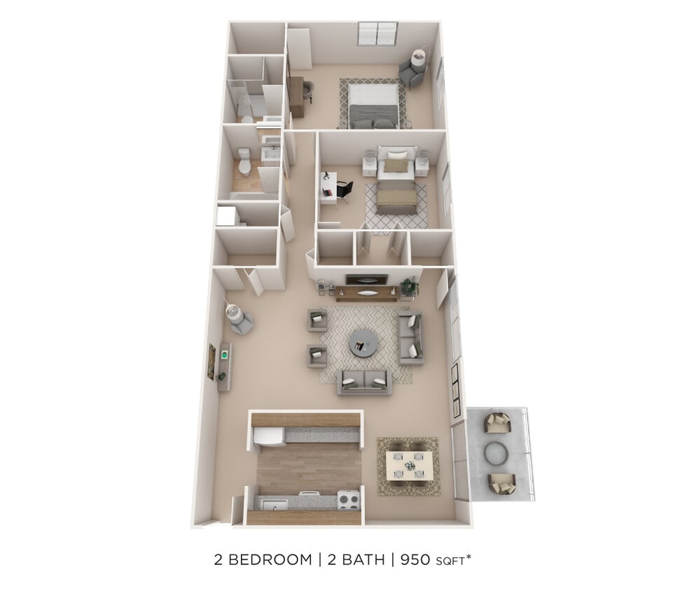 Floor Plan - Two Bedroom 2 Bath- 950 sqft