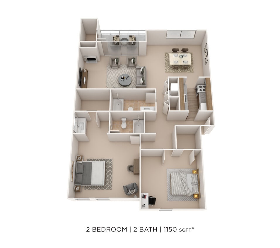 Floor Plan - Two Bedroom 2 Bath- 1,150 sqft