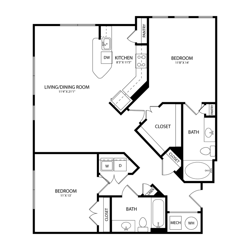 Floor Plan - 2 Bedroom, 2 Bath 1142 SF KC4