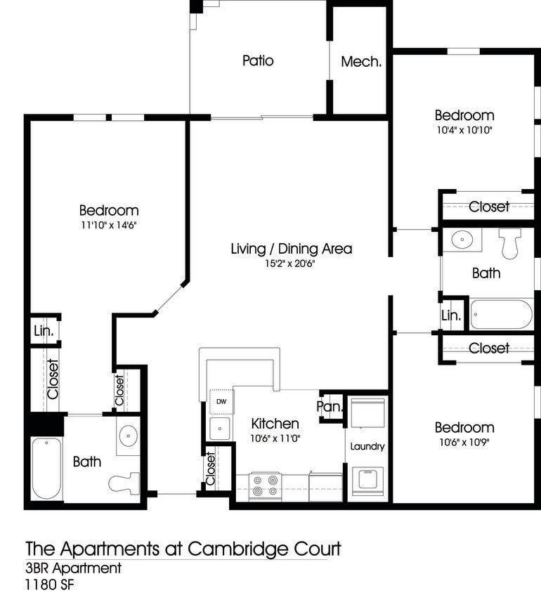 Floor Plan - 3BR 2BA (1180sf)