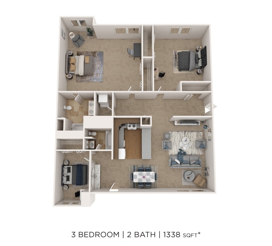 Floor Plan - Three Bedroom 2 Bath - 1,338 sqft