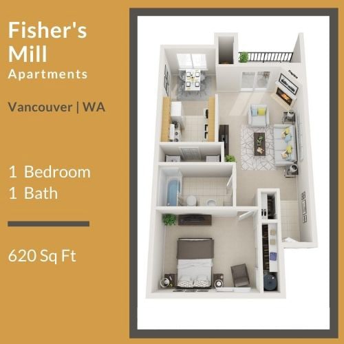 1x1 620 SqFt - 1 Bed / 1 Bath