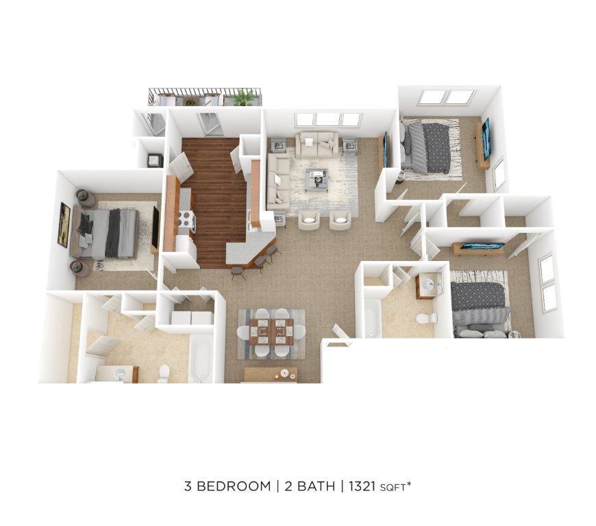 Floor Plan - Three Bedroom 2 Bath- 1,321 sqft