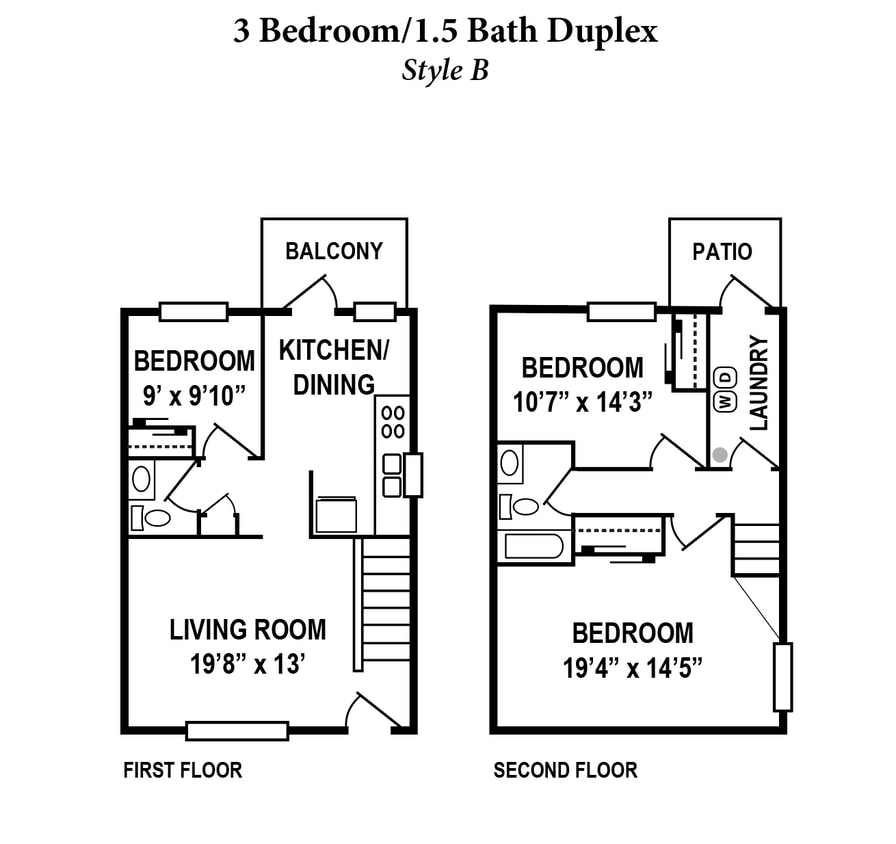 Floor Plan - 3 Bedroom, 1.5 Bath Duplex 1,200SqFt