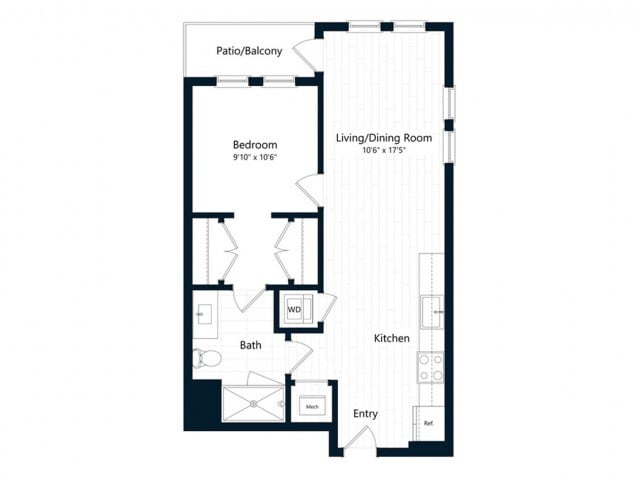 Floor Plan - One Bedroom One Bath (632 SF)