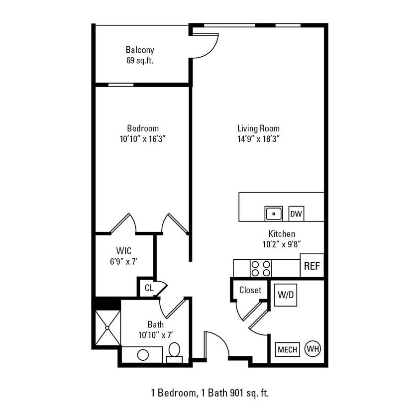 Floor Plan - 1 Bedroom 1 Bath