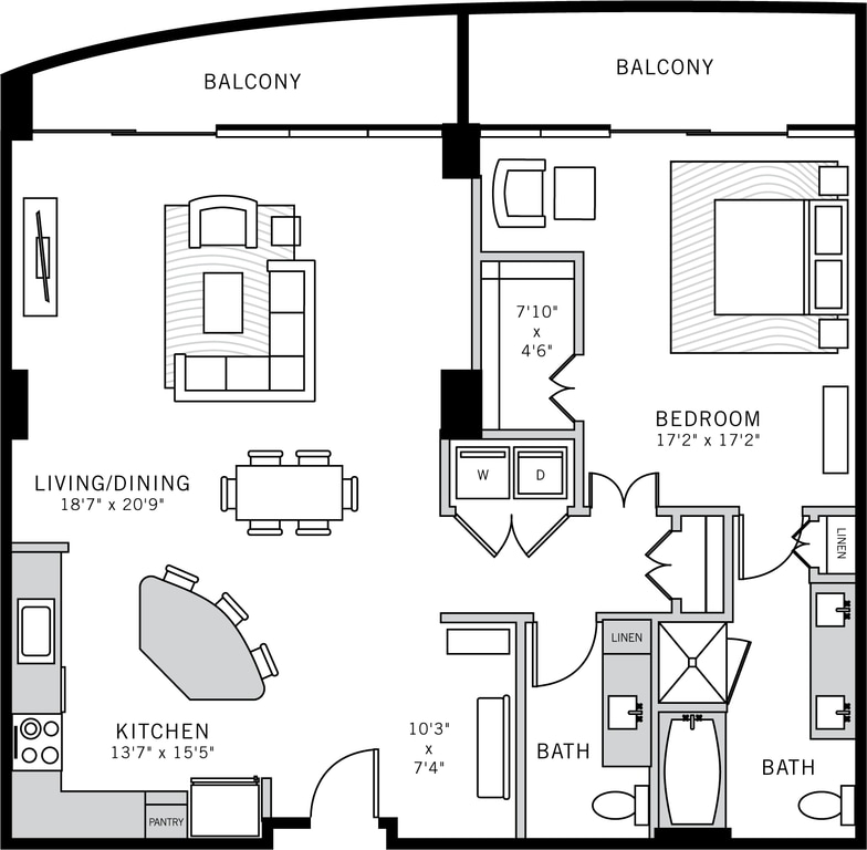 2 bedroom 2 bath apartment with patio, dining area, kitchen island and 1237 sq ft - Penthouse Suite 4