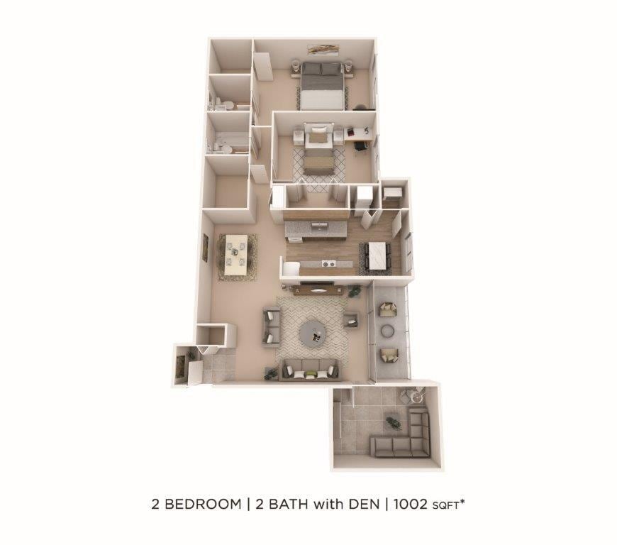 Floor Plan - Two Bedroom 1.5 Bath w/ Den - 1,002 sqft