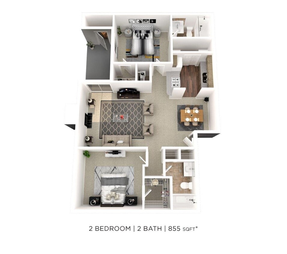 Floor Plan - Two Bedroom 2 Bath - 855 sqft