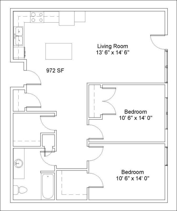 Floor Plan - 2 Bed/1 Bath | 972 SF