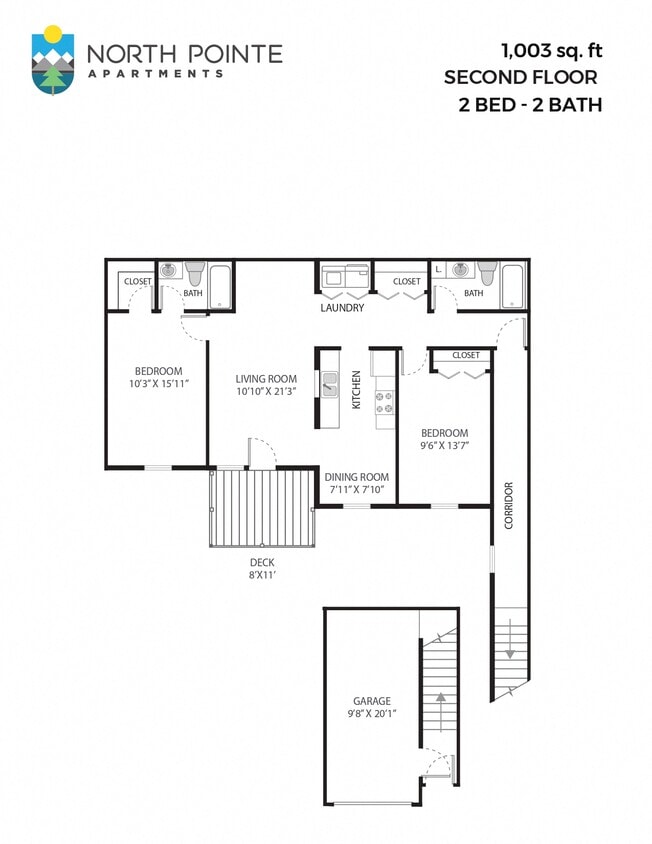 Floor Plan - 2 Bed, 2 Bath - 1,003 sq ft