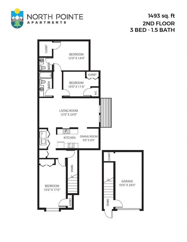 Floor Plan - 3 Bed, 1.5 Bath - 1,493 sq ft