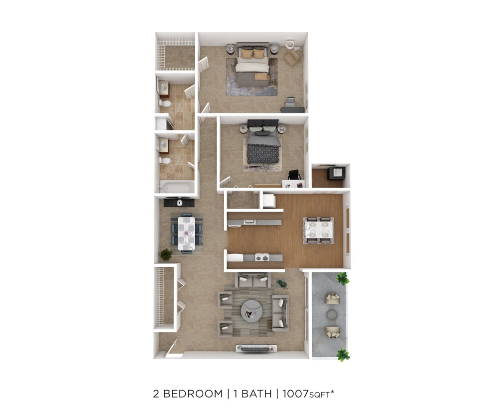 Floor Plan - Two Bedroom 1 Bath - 1,007 sqft