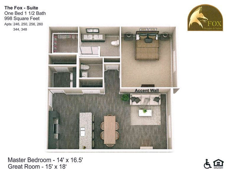 Floor Plan - Fox - 1 Bedroom, 1.5 Bath - 998 Square Feet