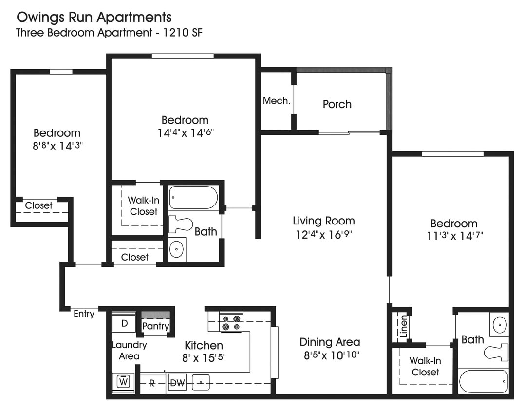 Floor Plan - 3BR 2BA (1210sf)