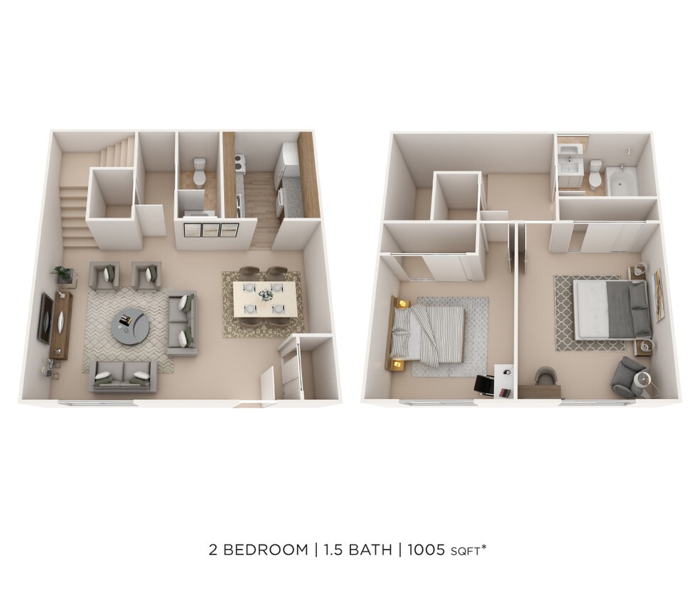 Floor Plan - Two Bedroom 1.5 Bath Townhome 1,005 sqft