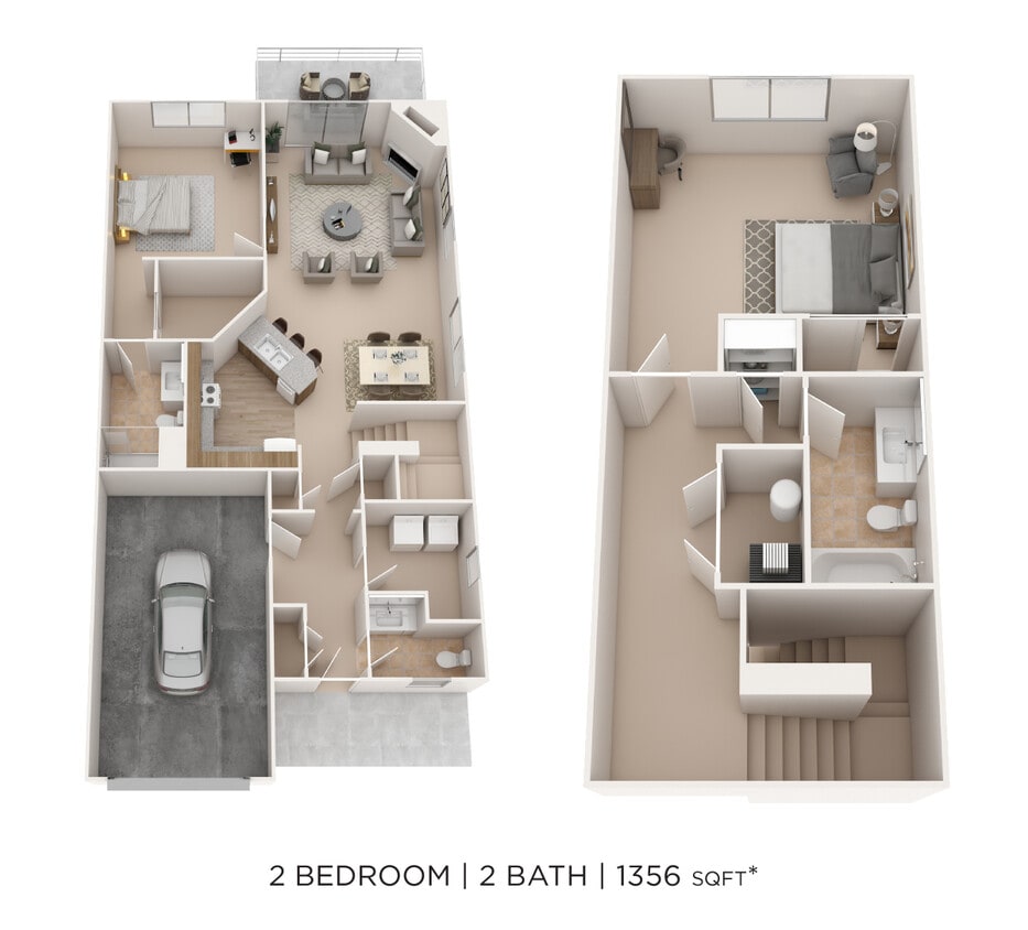 Floor Plan - Two Bedroom 2.5 Bath Townhome - 1,356 sqft